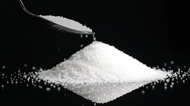 Spoon Pouring Sugar onto Pile - A metal spoon pours granulated sugar onto a pile of sugar on a reflective black surface.