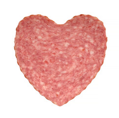 Heart-shaped sausage piece on white background