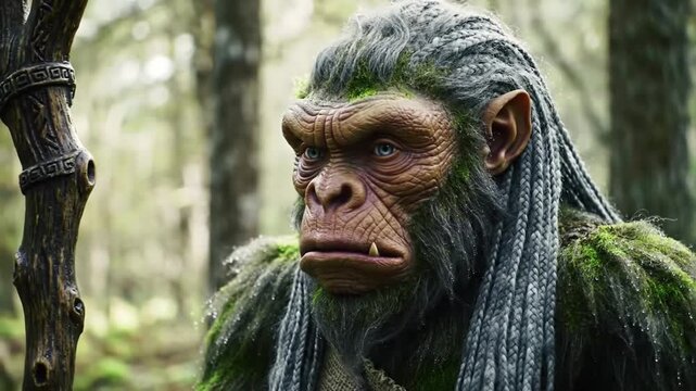 Fantasy creature with dreadlocks standing in a forest background  