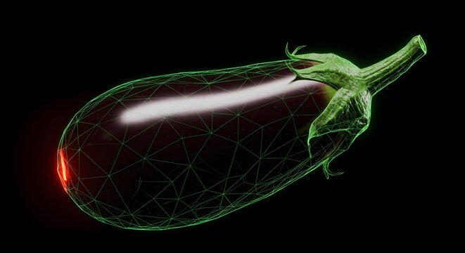 3D Render of an Eggplant with Neon Wireframe  Digital Art  Geometric Vegetable