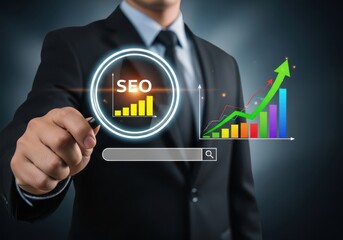 Businessman using a magnifying glass to focus on seo and growth charts, symbolizing search engine optimization strategy and business analytics