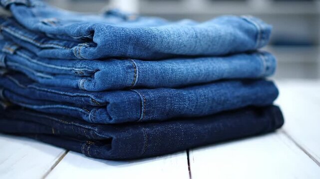 Stack of Folded Denim Jeans - A neat stack of folded denim jeans in various shades of blue sits on a white wooden surface.