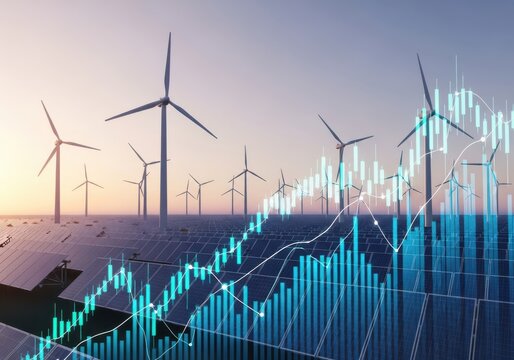 Wind turbines and solar panels with a superimposed financial stock market graph, representing renewable energy investment and sustainable economic growth