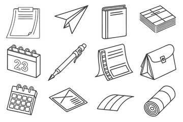 Outline drawings of office and school supplies including a calendar paper airplane and a sleeping bag item set on transparent background