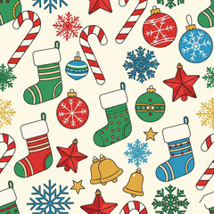 Vibrant festive seamless pattern featuring playful Christmas stockings, candy canes, snowflakes, ornaments, and stars, perfect for holiday decor and gifts.