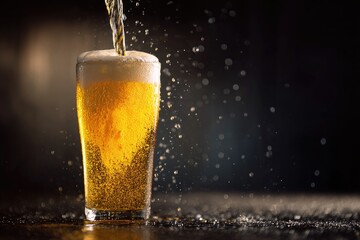 Pouring a refreshing beer into a glass with droplets on a dark background