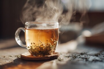 Warm cup of herbal tea steaming on a wooden table in a cozy indoor setting during late afternoon