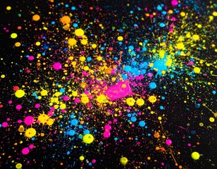 Vibrant colorful powder explosion against black background abstract art.