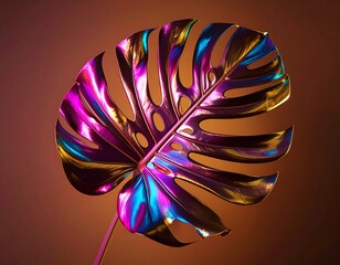 Vibrant Holographic Monstera Leaf on a Warm Background.