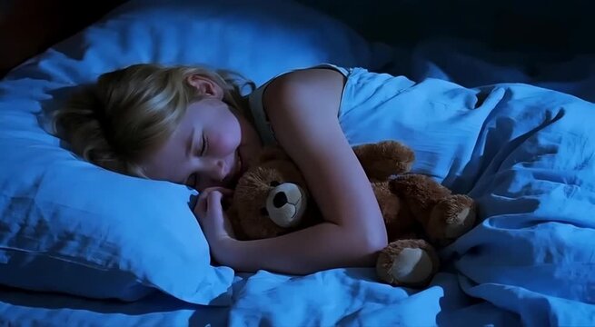 Una niña de cabello rubio duerme plácidamente en una cama, acunando un oso de peluche marrón