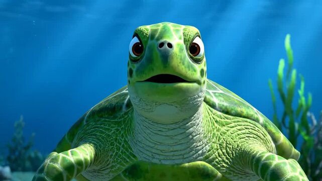 Surprised Sea Turtle Animation - Close-up of a 3D animated sea turtle with a surprised expression, set against a vibrant underwater background with sunlight filtering through the water.