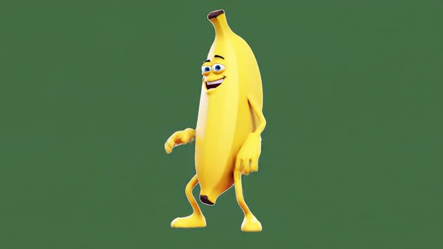 Animated cartoon banana character with eyes and smile dancing on green background. concept of fun fruit animation, playful food illustration, healthy eating for kids.