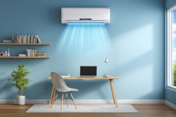 Modern workspace featuring a comfortable desk, bright window, and air conditioning unit for a refreshing office environment