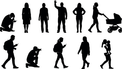 silhouette, people, vector, pose, walking, standing, kneeling, waving, parenting, camera, backpack, casual, formal, lifestyle, urban