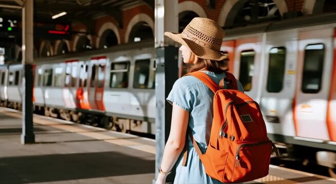  Mujer joven con sombrero de paja y una gran mochila naranja se para en el andén de una estación de tren