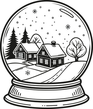 A charming village home with a glowing window sits nestled amongst snow-covered trees under a starry winter night sky