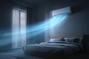 Modern bedroom with air conditioning unit and cool air flow at night