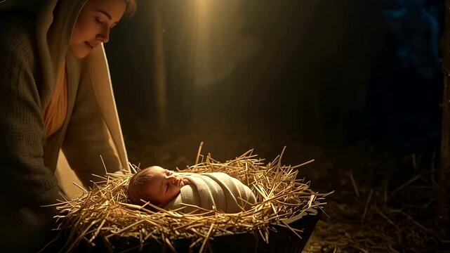 A tender moment of mary holding baby jesus in a manger, bathed in soft light, symbolizing the nativity scene and the christian celebration of christmas