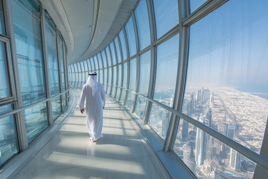 Man dressed in traditional attire walking on observation deck in modern skyscraper with city view in Dubai, UAE