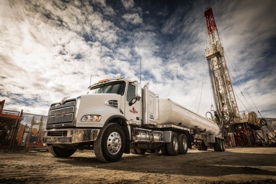 Oil drilling truck at an industrial site under a dramatic sky during the afternoon