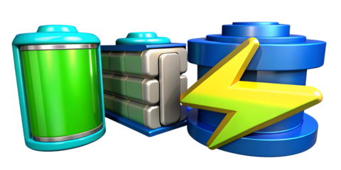 Stylized rechargeable battery icons in green silver and blue colors