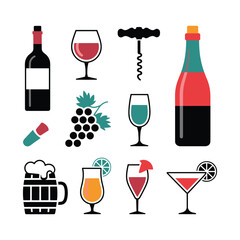 Collection of alcoholic and non-alcoholic beverage icons including wine bottles glasses beer cocktail and corkscrew