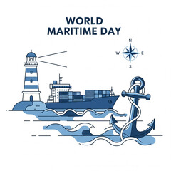 Celebrate World Maritime Day with a vibrant scene of a cargo ship sailing past a lighthouse, anchored by a classic nautical symbol, perfect for promoting global trade and ocean awareness.