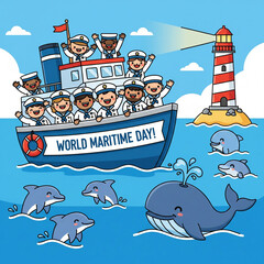 Joyful children in sailor outfits celebrate World Maritime Day on a boat with dolphins and a whale, guided by a friendly lighthouse
