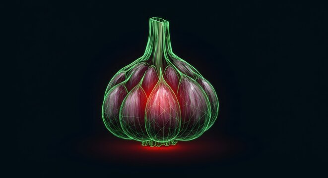 Intriguing Low-Poly 3D Render of a Single Garlic Bulb Glowing with Red and Green Lights Against a Dark Background