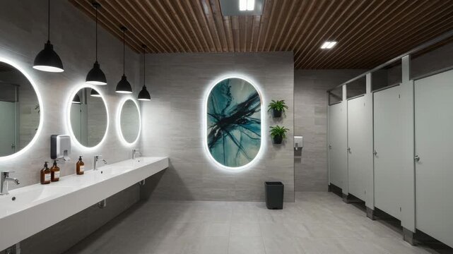 A modern restroom in a company office with elegant fixtures and contemporary design. This restroom features a minimalist aesthetic with round mirrors and clean lines