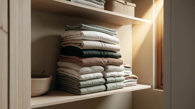 Smooth camera movement reveals stacked folded linen, neat piles on a shelf. Freshly folded linen textiles represent cleanliness and order in home organization, creating soft neutral tones.