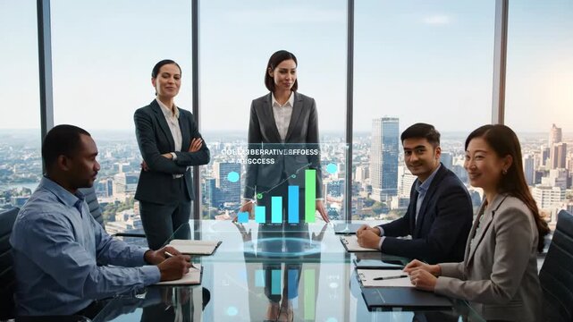 Achieving Business Success Through Teamwork - A diverse team of business professionals celebrates achieving strategic objectives, collaborating around a holographic projection displaying a positive