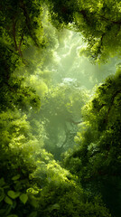 Enchanting sunbeams pierce through lush green forest canopy, creating a magical, serene natural wonderland