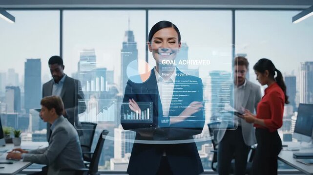 Businesswoman Analyzing Data on Holographic Interface - A smiling businesswoman interacts with a holographic display showing various charts and graphs, demonstrating modern business analytics and - Powered by Adobe