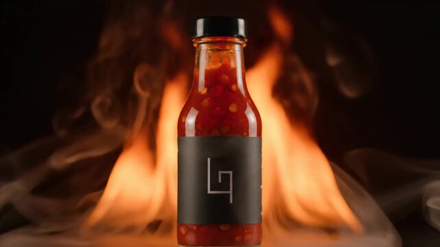 Fiery Hot Chili Sauce Bottle - A glass bottle of spicy chili sauce with a black label sits in front of a fiery background with flames and smoke.