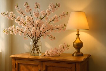 Cherry blossom floral arrangement in vase with golden lamp on rustic wooden cabinet