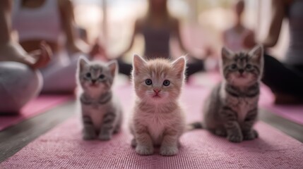 Adorable Kittens Participating in a Fun Yoga Session with Women, Perfect for Social Media Campaigns or Lifestyle Branding, Evoking a Sense of Joy and Tranquility.