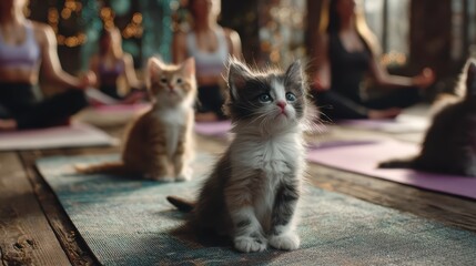 Adorable Kittens Relaxing on Yoga Mats with Female Instructor, Radiating Calm and Tranquility Ideal for Lifestyle Branding, Social Media Campaigns, or RelaxationFocused Projects.