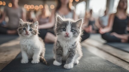 Adorable Kittens Joining Women in a Peaceful Yoga Class on Colorful Mats, Perfect for RelaxationFocused Campaigns Boosts Tranquility and Inspires Creativity.