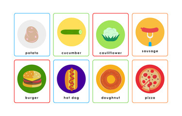 Educational flashcards for children featuring different types of food