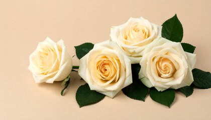 Elegant Cream Roses with Green Leaves on Beige Background