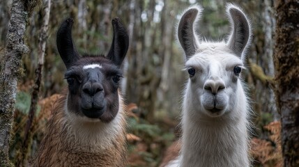 Two Playful Llamas Exuding Charm in a Serene Forest Landscape Ideal for Social Media Campaigns and Lifestyle Branding, Boosting an Aura of Amusement and Tranquility.