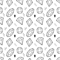 Seamless Gemstone Pattern with Diamonds and Crystals Line Art