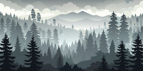 Extensive grey forest landscape with mountains and cloudy sky nature trees © Hafiz