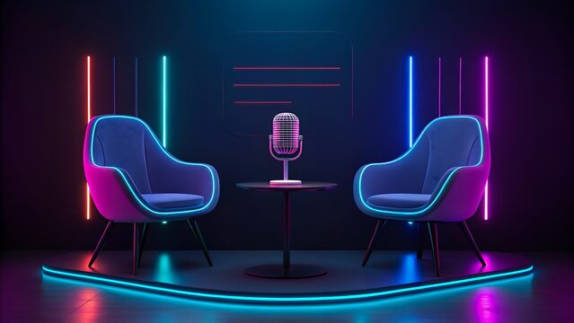 Modern podcast studio with neon lights chairs and microphone in dark background
