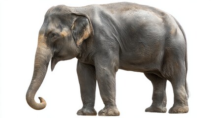 Naklejka premium Majestic Asian Elephant Standing, Extended Trunk Against White Backdrop Perfect for Marketing or Branding Projects, Inspiring Strength and Wisdom.