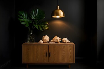 Coastal wooden cabinet with seashells, plants, and warm pendant light in modern rustic home
