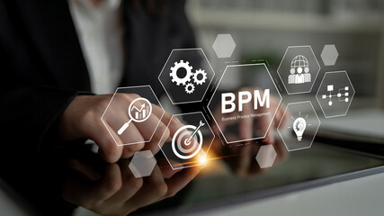 Business Process Management concept showing workflow analysis, process optimization, team...