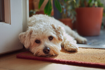 Cute dog lying on doormat near front door, warm interior light, storytelling lifestyle scene, ultra realistic