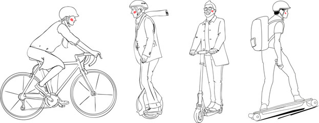 A set of illustrations of characters on different types of eco-friendly transport. Black-and-white illustration. Vector illustration.